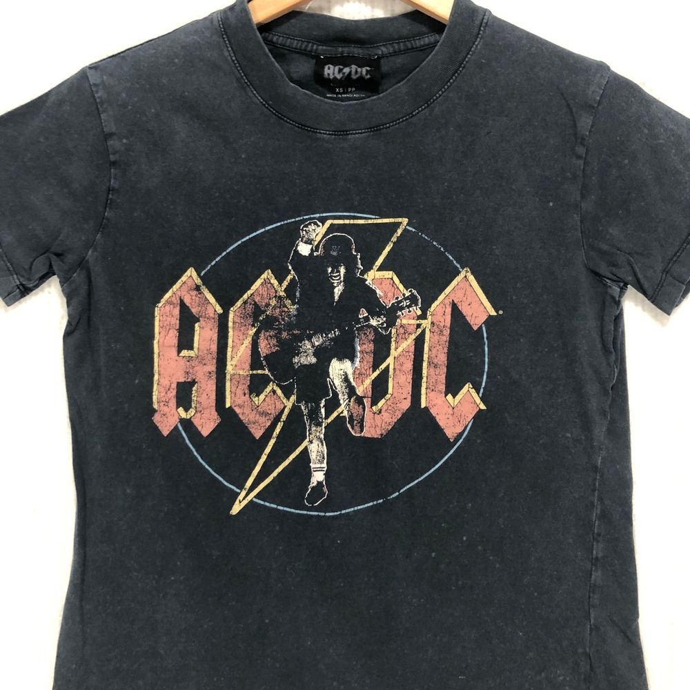 AC/DC Angus Young Graphic T-Shirt Faded Black‎ Rock Band Tee XS